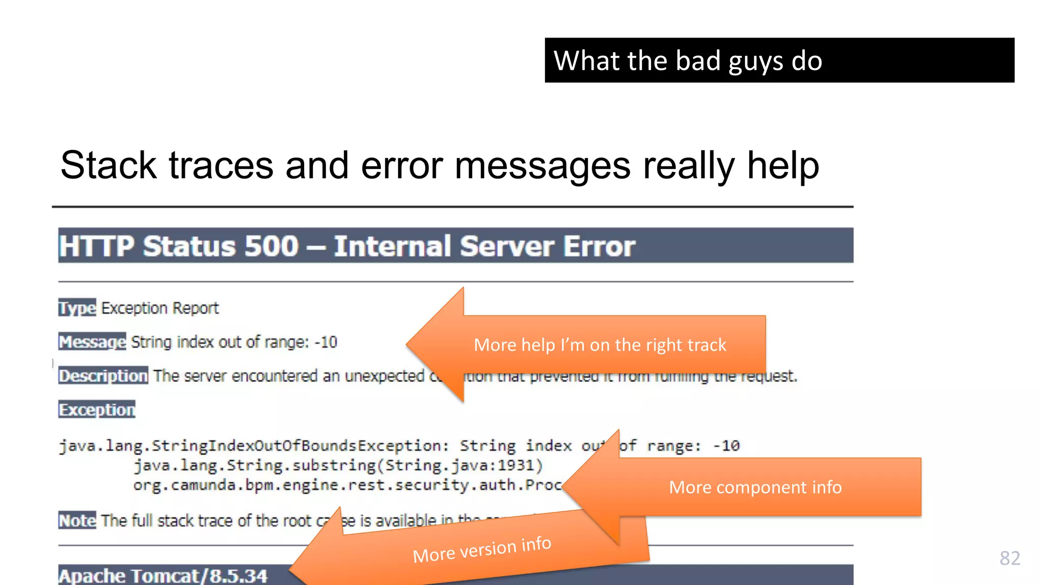 82
Stack traces and error messages really help
More help I’m on the right track
More component info
What the bad guys do
 