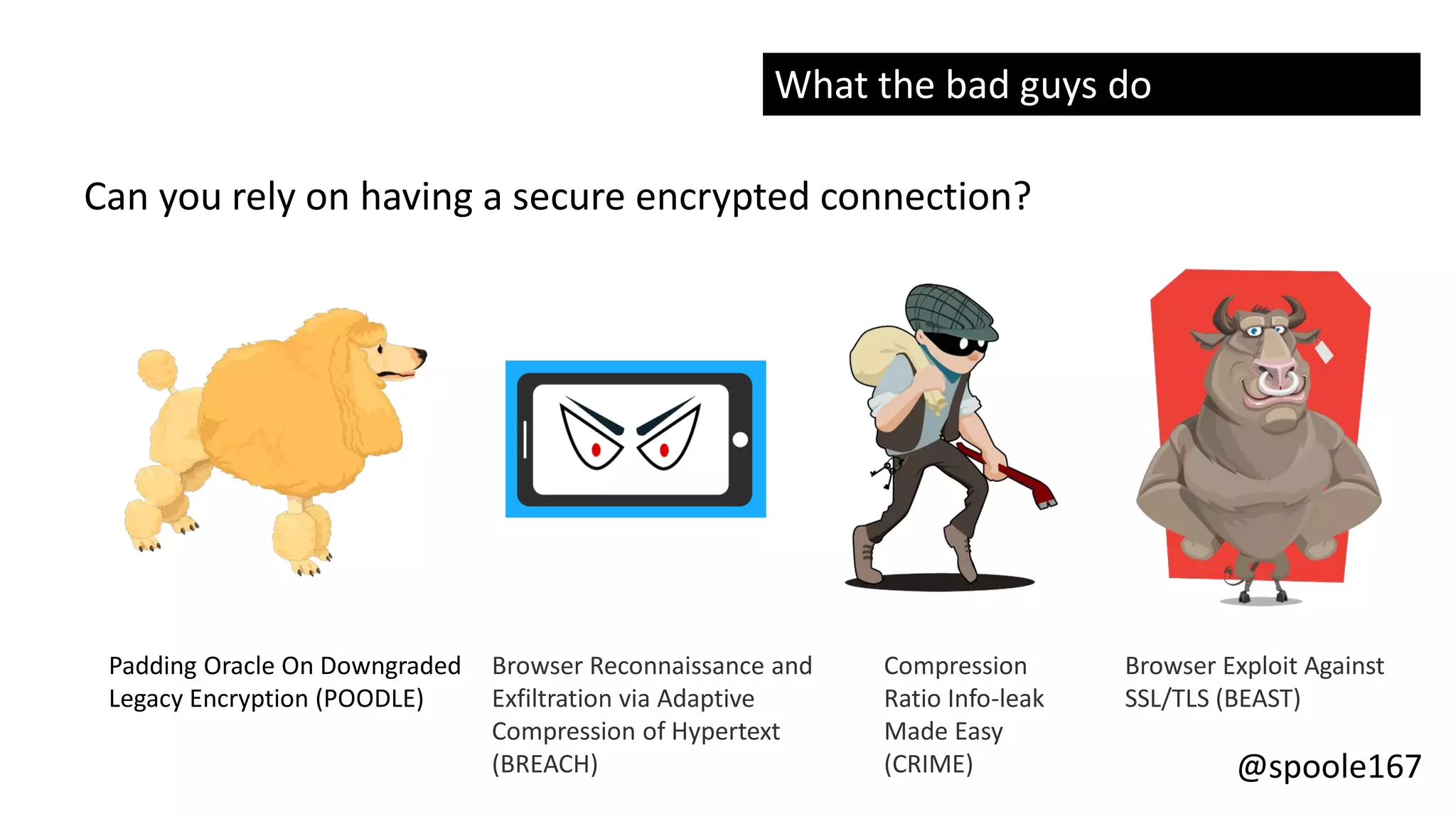 @spoole167
Can you rely on having a secure encrypted connection?
Browser Exploit Against
SSL/TLS (BEAST)
Compression
Ratio Info-leak
Made Easy
(CRIME)
Browser Reconnaissance and
Exfiltration via Adaptive
Compression of Hypertext
(BREACH)
Padding Oracle On Downgraded
Legacy Encryption (POODLE)
What the bad guys do
 
