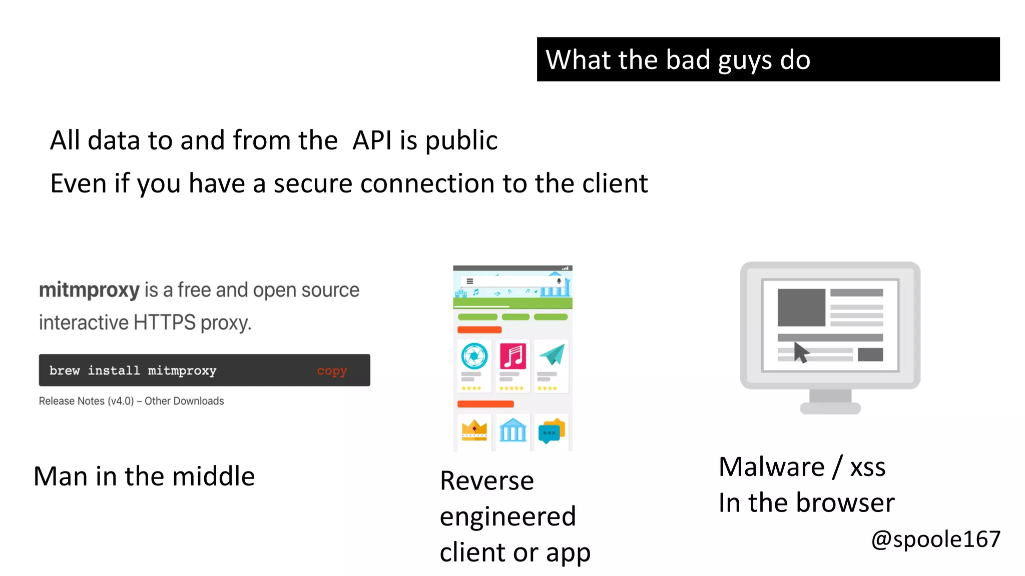 @spoole167
All data to and from the API is public
Even if you have a secure connection to the client
Man in the middle Reverse
engineered
client or app
Malware / xss
In the browser
What the bad guys do
 