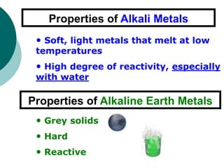 Properties of Alkali Metals
Properties of Alkaline Earth Metals
• Soft, light metals that melt at low
temperatures
• High degree of reactivity, especially
with water
• Grey solids
• Hard
• Reactive
 