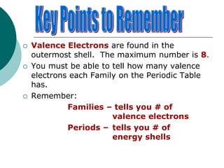  Valence Electrons are found in the
outermost shell. The maximum number is 8.
 You must be able to tell how many valence
electrons each Family on the Periodic Table
has.
 Remember:
Families – tells you # of
valence electrons
Periods – tells you # of
energy shells
 