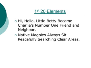 1st 20 Elements
 Hi, Hello, Little Betty Became
Charlie's Number One Friend and
Neighbor.
 Native Magpies Always Sit
Peacefully Searching Clear Areas.
 
