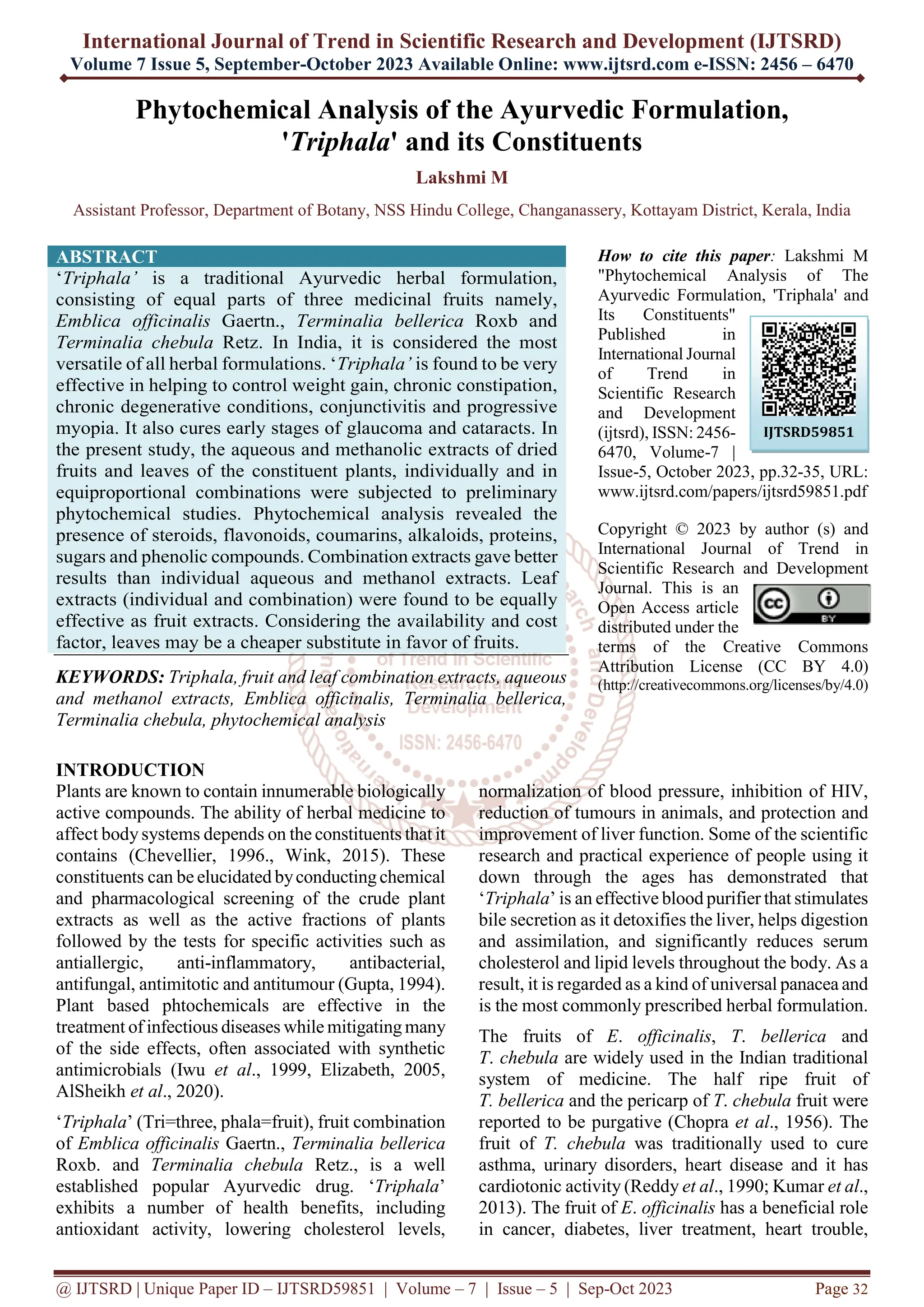 Phytochemical Analysis of the Ayurvedic Formulation, Triphala and its ...