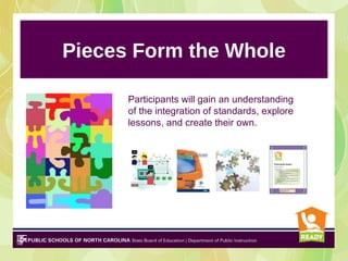 Pieces Form the Whole

      Participants will gain an understanding
      of the integration of standards, explore
      lessons, and create their own.
 