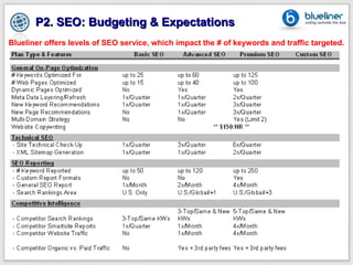 P2. SEO: Budgeting & Expectations
Blueliner offers levels of SEO service, which impact the # of keywords and traffic targeted.
 