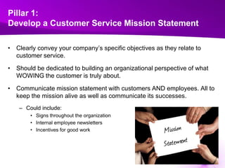 Pillar 1:Develop a Customer Service Mission StatementClearly convey your company’s specific objectives as they relate to customer service.  Should be dedicated to building an organizational perspective of what WOWING the customer is truly about. Communicate mission statement with customers AND employees. All to keep the mission alive as well as communicate its successes.Could include:Signs throughout the organization Internal employee newslettersIncentives for good work