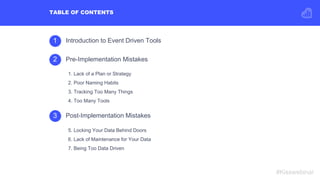 1 Introduction to Event Driven Tools
1. Lack of a Plan or Strategy
2. Poor Naming Habits
3. Tracking Too Many Things
4. To...