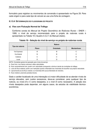 Manual de Estudos de Tráfego 114
MT/DNIT/DPP/IPR
formulário para registrar os movimentos de conversão é apresentado na Figura 29. Para
cada origem e para cada tipo de veículo se usa uma ficha de contagem.
6.1.5.4 DETERMINAÇÃO DO FLUXOGRAMA DE PROJETO
a) Vias com Flutuação Normal de Tráfego
Conforme consta do Manual de Projeto Geométrico de Rodovias Rurais – DNER –
1999, o nível de serviço recomendado para o projeto de rodovias rurais é
apresentado na Tabela 19 ( Quadro 4.3.2.1 do Manual citado).
Tabela 19 - Seleção do nível de serviço no projeto de rodovias rurais
Relevo
Tipo de rodovia
Plano Ondulado Montanhoso
Via Expressa B B C
Via Arterial B B C
Coletora C C D
Local D D D
NOTA: Condições gerais de operação para níveis de serviço
A - fluxo livre, com baixos volumes e altas velocidades.
B - fluxo razoavelmente livre, porém com velocidade começando a diminuir devido às condições do tráfego.
C - zona de fluxo estável, porém com restrições quanto à liberdade dos motoristas de escolher sua própria velocidade.
D - aproximando-se de fluxo instável, os motoristas têm pouca liberdade de manobra.
E - fluxo instável, possíveis paradas breves.
Dado o caráter localizado de uma interseção e à maior dificuldade de se atender níveis de
serviço elevados, sem custos excessivos, deve-se considerar, para qualquer tipo de
rodovia, os níveis B e C como desejados, e o nível D como necessário. A adoção dos
níveis desejados pode depender, em alguns casos, de estudos de viabilidade técnico-
econômica.
 
