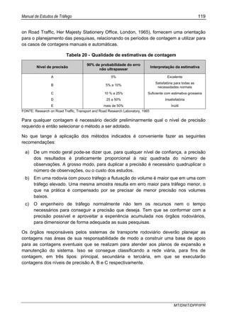 Manual de Estudos de Tráfego 119
MT/DNIT/DPP/IPR
on Road Traffic, Her Majesty Stationery Office, London, 1965), fornecem uma orientação
para o planejamento das pesquisas, relacionando os períodos de contagem a utilizar para
os casos de contagens manuais e automáticas.
Tabela 20 - Qualidade de estimativas de contagem
Nível de precisão
90% de probabilidade do erro
não ultrapassar
Interpretação da estimativa
A 5% Excelente
B 5% a 10%
Satisfatória para todas as
necessidades normais
C 10 % a 25% Suficiente com estimativa grosseira
D 25 a 50% Insatisfatória
E mais de 50% Inútil
FONTE: Research on Road Traffic, Transport and Road Research Laboratory, 1965
Para qualquer contagem é necessário decidir preliminarmente qual o nível de precisão
requerido e então selecionar o método a ser adotado.
No que tange à aplicação dos métodos indicados é conveniente fazer as seguintes
recomendações:
a) De um modo geral pode-se dizer que, para qualquer nível de confiança, a precisão
dos resultados é praticamente proporcional à raiz quadrada do número de
observações. A grosso modo, para duplicar a precisão é necessário quadruplicar o
número de observações, ou o custo dos estudos.
b) Em uma rodovia com pouco tráfego a flutuação do volume é maior que em uma com
tráfego elevado. Uma mesma amostra resulta em erro maior para tráfego menor, o
que na prática é compensado por se precisar de menor precisão nos volumes
baixos.
c) O engenheiro de tráfego normalmente não tem os recursos nem o tempo
necessários para conseguir a precisão que deseja. Tem que se conformar com a
precisão possível e aproveitar a experiência acumulada nos órgãos rodoviários,
para dimensionar de forma adequada as suas pesquisas.
Os órgãos responsáveis pelos sistemas de transporte rodoviário deverão planejar as
contagens nas áreas de sua responsabilidade de modo a construir uma base de apoio
para as contagens eventuais que se realizam para atender aos planos de expansão e
manutenção do sistema. Isso se consegue classificando a rede viária, para fins de
contagem, em três tipos: principal, secundária e terciária, em que se executarão
contagens dos níveis de precisão A, B e C respectivamente.
 
