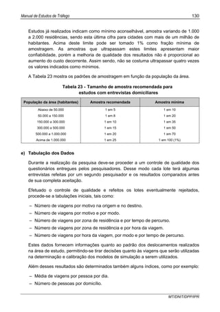 Manual de Estudos de Tráfego 130
MT/DNIT/DPP/IPR
Estudos já realizados indicam como mínimo aconselhável, amostra variando de 1.000
a 2.000 residências, sendo esta última cifra para cidades com mais de um milhão de
habitantes. Acima deste limite pode ser tomado 1% como fração mínima de
amostragem. As amostras que ultrapassam estes limites apresentam maior
confiabilidade, porém a melhoria de qualidade dos resultados não é proporcional ao
aumento do custo decorrente. Assim sendo, não se costuma ultrapassar quatro vezes
os valores indicados como mínimos.
A Tabela 23 mostra os padrões de amostragem em função da população da área.
Tabela 23 - Tamanho de amostra recomendada para
estudos com entrevistas domiciliares
População da área (habitantes) Amostra recomendada Amostra mínima
Abaixo de 50.000 1 em 5 1 em 10
50.000 a 150.000 1 em 8 1 em 20
150.000 a 300.000 1 em 10 1 em 35
300.000 a 500.000 1 em 15 1 em 50
500.000 a 1.000.000 1 em 20 1 em 70
Acima de 1.000.000 1 em 25 1 em 100 (1%)
e) Tabulação dos Dados
Durante a realização da pesquisa deve-se proceder a um controle de qualidade dos
questionários entregues pelos pesquisadores. Desse modo cada lote terá algumas
entrevistas refeitas por um segundo pesquisador e os resultados comparados antes
de sua completa aceitação.
Efetuado o controle de qualidade e refeitos os lotes eventualmente rejeitados,
procede-se a tabulações iniciais, tais como:
– Número de viagens por motivo na origem e no destino.
– Número de viagens por motivo e por modo.
– Número de viagens por zona de residência e por tempo de percurso.
– Número de viagens por zona de residência e por hora da viagem.
– Número de viagens por hora da viagem, por modo e por tempo de percurso.
Estes dados fornecem informações quanto ao padrão dos deslocamentos realizados
na área de estudo, permitindo-se tirar decisões quanto às viagens que serão utilizadas
na determinação e calibração dos modelos de simulação a serem utilizados.
Além desses resultados são determinados também alguns índices, como por exemplo:
– Média de viagens por pessoa por dia.
– Número de pessoas por domicílio.
 