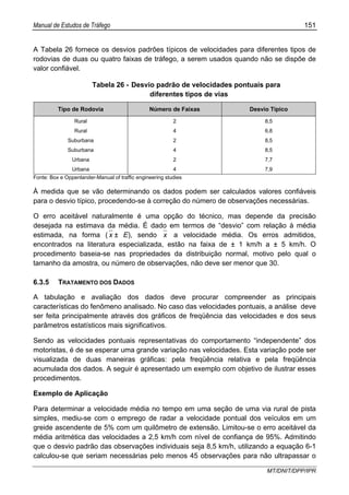 Manual de Estudos de Tráfego 151
MT/DNIT/DPP/IPR
A Tabela 26 fornece os desvios padrões típicos de velocidades para diferentes tipos de
rodovias de duas ou quatro faixas de tráfego, a serem usados quando não se dispõe de
valor confiável.
Tabela 26 - Desvio padrão de velocidades pontuais para
diferentes tipos de vias
Tipo de Rodovia Número de Faixas Desvio Típico
Rural 2 8,5
Rural 4 6,8
Suburbana 2 8,5
Suburbana 4 8,5
Urbana 2 7,7
Urbana 4 7,9
Fonte: Box e Oppenlander-Manual of traffic engineering studies
À medida que se vão determinando os dados podem ser calculados valores confiáveis
para o desvio típico, procedendo-se à correção do número de observações necessárias.
O erro aceitável naturalmente é uma opção do técnico, mas depende da precisão
desejada na estimava da média. É dado em termos de “desvio” com relação à média
estimada, na forma ( x ± E), sendo x a velocidade média. Os erros admitidos,
encontrados na literatura especializada, estão na faixa de ± 1 km/h a ± 5 km/h. O
procedimento baseia-se nas propriedades da distribuição normal, motivo pelo qual o
tamanho da amostra, ou número de observações, não deve ser menor que 30.
6.3.5 TRATAMENTO DOS DADOS
A tabulação e avaliação dos dados deve procurar compreender as principais
características do fenômeno analisado. No caso das velocidades pontuais, a análise deve
ser feita principalmente através dos gráficos de freqüência das velocidades e dos seus
parâmetros estatísticos mais significativos.
Sendo as velocidades pontuais representativas do comportamento “independente” dos
motoristas, é de se esperar uma grande variação nas velocidades. Esta variação pode ser
visualizada de duas maneiras gráficas: pela freqüência relativa e pela freqüência
acumulada dos dados. A seguir é apresentado um exemplo com objetivo de ilustrar esses
procedimentos.
Exemplo de Aplicação
Para determinar a velocidade média no tempo em uma seção de uma via rural de pista
simples, mediu-se com o emprego de radar a velocidade pontual dos veículos em um
greide ascendente de 5% com um quilômetro de extensão. Limitou-se o erro aceitável da
média aritmética das velocidades a 2,5 km/h com nível de confiança de 95%. Admitindo
que o desvio padrão das observações individuais seja 8,5 km/h, utilizando a equação 6-1
calculou-se que seriam necessárias pelo menos 45 observações para não ultrapassar o
 