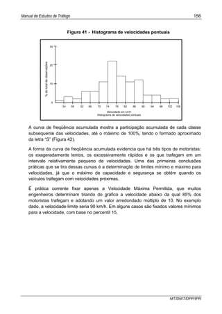 Manual de Estudos de Tráfego 156
MT/DNIT/DPP/IPR
Figura 41 - Histograma de velocidades pontuais
A curva de freqüência acumulada mostra a participação acumulada de cada classe
subsequente das velocidades, até o máximo de 100%, tendo o formado aproximado
da letra “S” (Figura 42).
A forma da curva de freqüência acumulada evidencia que há três tipos de motoristas:
os exageradamente lentos, os excessivamente rápidos e os que trafegam em um
intervalo relativamente pequeno de velocidades. Uma das primeiras conclusões
práticas que se tira dessas curvas é a determinação de limites mínimo e máximo para
velocidades, já que o máximo de capacidade e segurança se obtém quando os
veículos trafegam com velocidades próximas.
É prática corrente fixar apenas a Velocidade Máxima Permitida, que muitos
engenheiros determinam tirando do gráfico a velocidade abaixo da qual 85% dos
motoristas trafegam e adotando um valor arredondado múltiplo de 10. No exemplo
dado, a velocidade limite seria 90 km/h. Em alguns casos são fixados valores mínimos
para a velocidade, com base no percentil 15.
 