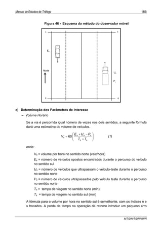 Manual de Estudos de Tráfego 166
MT/DNIT/DPP/IPR
Figura 46 - Esquema do método do observador móvel
c) Determinação dos Parâmetros de Interesse
– Volume Horário
Se a via é percorrida igual número de vezes nos dois sentidos, a seguinte fórmula
dará uma estimativa do volume de veículos.
⎟⎟
⎠
⎞
⎜⎜
⎝
⎛
+
−+
=
sn
nns
n
TT
PUE
V 60 (1)
onde:
Vn = volume por hora no sentido norte (veic/hora)
Es = número de veículos opostos encontrados durante o percurso do veículo
no sentido sul
Un = número de veículos que ultrapassam o veículo-teste durante o percurso
no sentido norte
Pn = número de veículos ultrapassados pelo veículo teste durante o percurso
no sentido norte
Tn = tempo de viagem no sentido norte (min)
Ts = tempo de viagem no sentido sul (min)
A fórmula para o volume por hora no sentido sul é semelhante, com os índices n e
s trocados. A perda de tempo na operação de retorno introduz um pequeno erro
 