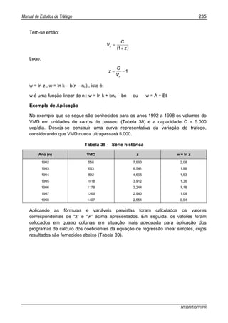 Manual de Estudos de Tráfego 235
MT/DNIT/DPP/IPR
Tem-se então:
( )z
C
Vn
+
=
1
Logo:
1−=
nV
C
z
w = ln z , w = ln k – b(n – n0) , isto é:
w é uma função linear de n : w = ln k + bn0 – bn ou w = A + Bt
Exemplo de Aplicação
No exemplo que se segue são conhecidos para os anos 1992 a 1998 os volumes do
VMD em unidades de carros de passeio (Tabela 38) e a capacidade C = 5.000
ucp/dia. Deseja-se construir uma curva representativa da variação do tráfego,
considerando que VMD nunca ultrapassará 5.000.
Tabela 38 - Série histórica
Ano (n) VMD z w = ln z
1992 556 7,993 2,08
1993 663 6,541 1,88
1994 892 4,605 1,53
1995 1018 3,912 1,36
1996 1178 3,244 1,18
1997 1269 2,940 1,08
1998 1407 2,554 0,94
Aplicando as fórmulas e variáveis previstas foram calculados os valores
correspondentes de “z” e “w” acima apresentados. Em seguida, os valores foram
colocados em quatro colunas em situação mais adequada para aplicação dos
programas de cálculo dos coeficientes da equação de regressão linear simples, cujos
resultados são fornecidos abaixo (Tabela 39).
 