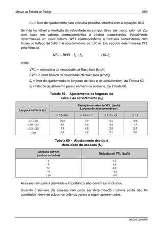 Manual de Estudos de Tráfego 269
MT/DNIT/DPP/IPR
fVP = fator de ajustamento para veículos pesados, obtidos com a equação 10-4
Se não for viável a medição da velocidade no campo, deve ser usado valor de VMF
com base em valores correspondentes a trechos semelhantes. Inicialmente
determina-se um valor básico BVFL correspondente a rodovias semelhantes com
faixas de tráfego de 3,60 m e acostamentos de 1,80 m. Em seguida determina-se VFL
pela fórmula:
Afa ffBVFLVFL −−= (10-2)
onde:
VFL = estimativa da velocidade de fluxo livre (km/h)
BVFL = valor básico da velocidade de fluxo livre (km/h)
ffa = fator de ajustamento de larguras de faixa e de acostamento, da Tabela 59.
fA = fator de ajustamento para o número de acessos, da Tabela 60.
Tabela 59 - Ajustamento de larguras de
faixa e de acostamento (ffa)
Redução no valor de VFL (km/h)
Largura do acostamento (m)
Largura da Faixa (m)
≥ 0,0< 0,6 ≥ 0,6 < 1,2 ≥ 1,2 < 1,8 ≥ 1,8
2,7 < 3,0
≥ 3,0 < 3,3
≥ 3,3 < 3,6
≥ 3,6
10,3
8,5
7,5
6,8
7,7
5,9
4,9
4,2
5,6
3,8
2,8
2,1
3,5
1,7
0,7
0,0
Tabela 60 - Ajustamento devido à
densidade de acessos (fA)
Acessos por km
(ambos os lados)
Redução em VFL (km/h)
0
6
12
18
≥ 24
0,0
4,0
8,0
12,0
16,0
Acessos com pouca atividade e importância não devem ser incluídos.
Quando o número de acessos não pode ser determinado (rodovia ainda não foi
construída) deve-se adotar os critérios gerais a seguir apresentados.
 