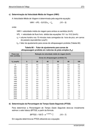 Manual de Estudos de Tráfego 273
MT/DNIT/DPP/IPR
c) Determinação da Velocidade Média de Viagem (VMV)
A Velocidade Média de Viagem é determinada pela seguinte equação:
upp fv,VFLVMV −−= 01250 (10 – 5)
onde:
VMV = velocidade média de viagem para ambos os sentidos (km/h)
VFL = velocidade de fluxo livre obtida das equações 10-1 ou 10-2 (km/h)
vp = volume horário nos 15 minutos mais carregados da hora de pico, em carros
de passeio equivalentes (ucp/h)
fup = fator de ajustamento para zonas de ultrapassagem proibida (Tabela 66)
Tabela 66 - Fator de ajustamento para zonas de
ultrapassagem proibida em rodovias de pista simples (fup)
Redução da velocidade média de viagem (km/h)Fluxo nos
dois sentidos
Zonas de ultrapassagem proibida (%)
Vp (ucp/h) 0 20 40 60 80 100
0
200
400
600
800
100
1200
1400
1600
1800
2000
2200
2400
2600
2800
3000
3200
0,0
0,0
0,0
0,0
0,0
0,0
0,0
0,0
0,0
0,0
0,0
0,0
0,0
0,0
0,0
0,0
0,0
0,0
1,0
2,7
2,5
2,2
1,8
1,3
0,9
0,9
0,8
0,8
0,8
0,8
0,8
0,8
0,8
0,8
0,0
2,3
4,3
3,8
3,1
2,5
2,0
1,4
1,3
1,1
1,0
1,0
1,0
1,0
1,0
0,9
0,9
0,0
3,8
5,7
4,9
3,9
3,2
2,6
1,9
1,7
1,6
1,4
1,4
1,3
1,3
1,2
1,1
1,0
0,0
4,2
6,3
5,5
4,3
3,6
3,0
2,3
2,1
1,8
1,6
1,5
1,5
1,4
1,3
1,1
1,0
0,0
5,6
7,3
6,2
4,9
4,2
3,4
2,7
2,4
2,1
1,8
1,7
1,7
1,6
1,4
1,3
1,1
d) Determinação da Percentagem de Tempo Gasto Seguindo (PTGS)
Para determinar a Percentagem de Tempo Gasto Seguindo deve-se inicialmente
estimar o valor básico BPTGS, a partir da fórmula:
( )vp,
eBPTGS
0008790
1100
−
−= (10 – 7)
Em seguida determina-se PTGS utilizando-se a equação:
 