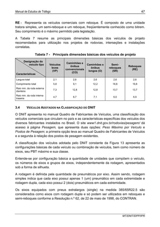 Manual de Estudos de Tráfego 47
MT/DNIT/DPP/IPR
RE - Representa os veículos comerciais com reboque. É composto de uma unidade
tratora simples, um semi-reboque e um reboque, freqüentemente conhecido como bitrem.
Seu comprimento é o máximo permitido pela legislação.
A Tabela 7 resume as principais dimensões básicas dos veículos de projeto
recomendados para utilização nos projetos de rodovias, interseções e instalações
correlatas.
Tabela 7 - Principais dimensões básicas dos veículos de projeto
Designação do
veículo tipo
Características
Veículos
leves
(VP)
Caminhões e
ônibus
convencionais
(CO)
Caminhões e
ônibus
longos (O)
Semi-
reboques
(SR)
Reboques
(RE)
Largura total 2,1 2,6 2,6 2,6 2,6
Comprimento total 5,8 9,1 12,2 16,8 19,8
Raio min. da roda externa
dianteira
7,3 12,8 12,8 13,7 13,7
Raio min. da roda interna
traseira
4,7 8,7 7,1 6,0 6,9
3.4 VEÍCULOS ADOTADOS NA CLASSIFICAÇÃO DO DNIT
O DNIT apresenta no manual Quadro de Fabricantes de Veículos, uma classificação dos
veículos comerciais que circulam no país e as características específicas dos veículos dos
diversos fabricantes instalados no Brasil. O site www1.dnit.gov.br/rodovias/pesagem/ dá
acesso à página Pesagem, que apresenta duas opções: Peso Máximo por Veículo e
Postos de Pesagem; a primeira opção leva ao manual Quadro de Fabricantes de Veículos
e a segunda à relação dos postos de pesagem existentes.
A classificação dos veículos adotada pelo DNIT constante da Figura 13 apresenta as
configurações básicas de cada veículo ou combinação de veículos, bem como número de
eixos, seu PBT máximo e sua classe.
Entende-se por configuração básica a quantidade de unidades que compõem o veículo,
os números de eixos e grupos de eixos, independentemente da rodagem, apresentados
sob a forma de silhueta.
A rodagem é definida pela quantidade de pneumáticos por eixo. Assim sendo, rodagem
simples indica que cada eixo possui apenas 1 (um) pneumático em cada extremidade e
rodagem dupla, cada eixo possui 2 (dois) pneumáticos em cada extremidade.
Os eixos equipados com pneus extralargos (single) na medida 385/65R22.5 são
considerados como eixos com rodagem dupla e só podem ser utilizados em reboques e
semi-reboques conforme a Resolução n.º 62, de 22 de maio de 1998, do CONTRAN.
 