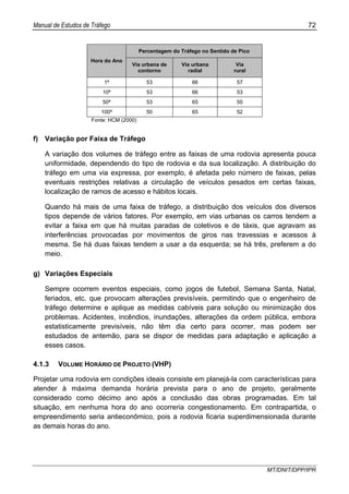 Manual de Estudos de Tráfego 72
MT/DNIT/DPP/IPR
Percentagem do Tráfego no Sentido de Pico
Hora do Ano
Via urbana de
contorno
Via urbana
radial
Via
rural
1ª 53 66 57
10ª 53 66 53
50ª 53 65 55
100ª 50 65 52
Fonte: HCM (2000)
f) Variação por Faixa de Tráfego
A variação dos volumes de tráfego entre as faixas de uma rodovia apresenta pouca
uniformidade, dependendo do tipo de rodovia e da sua localização. A distribuição do
tráfego em uma via expressa, por exemplo, é afetada pelo número de faixas, pelas
eventuais restrições relativas a circulação de veículos pesados em certas faixas,
localização de ramos de acesso e hábitos locais.
Quando há mais de uma faixa de tráfego, a distribuição dos veículos dos diversos
tipos depende de vários fatores. Por exemplo, em vias urbanas os carros tendem a
evitar a faixa em que há muitas paradas de coletivos e de táxis, que agravam as
interferências provocadas por movimentos de giros nas travessias e acessos à
mesma. Se há duas faixas tendem a usar a da esquerda; se há três, preferem a do
meio.
g) Variações Especiais
Sempre ocorrem eventos especiais, como jogos de futebol, Semana Santa, Natal,
feriados, etc. que provocam alterações previsíveis, permitindo que o engenheiro de
tráfego determine e aplique as medidas cabíveis para solução ou minimização dos
problemas. Acidentes, incêndios, inundações, alterações da ordem pública, embora
estatisticamente previsíveis, não têm dia certo para ocorrer, mas podem ser
estudados de antemão, para se dispor de medidas para adaptação e aplicação a
esses casos.
4.1.3 VOLUME HORÁRIO DE PROJETO (VHP)
Projetar uma rodovia em condições ideais consiste em planejá-la com características para
atender à máxima demanda horária prevista para o ano de projeto, geralmente
considerado como décimo ano após a conclusão das obras programadas. Em tal
situação, em nenhuma hora do ano ocorreria congestionamento. Em contrapartida, o
empreendimento seria antieconômico, pois a rodovia ficaria superdimensionada durante
as demais horas do ano.
 