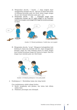 97Pendidikan Jasmani, Olahraga, dan Kesehatan
2)	 Mengunakan aba-aba, “ bersedia ...”, sikap jongkok dapat
menggunakan hitungan dua (2), kaki kiri di depan kaki kanan
di belakang (bertumpu pada start block). kedua tangan dengan
ibu jari dan telunjuk bettumpu pada garis start.
3)	 Mengunakan aba-aba, “ siap... “, mengangkat pinggul dapat
menggunakan hitungan tiga (3), angkat pinggul ke atas bersamaan
kedua lutut terangkat, posisi pinggul lebih tinggi dari pundak pandangan
ke depan.
Gambar 3.15 Bentuk pembelajaran 3 teknik dasar start jongkok.
Hit. 3Hit. 2
Hit. 1
4)	 Mengunakan aba-aba, “ya/go”. Mengayun/melangkahkan kaki
belakang ke depan dan menolak kaki kiri, dapat menggunakan
hitungan empat (4), Kaki belakang diayun ke depan dengan
lutut tertekuk bersamaan lengan kiri diayun ke depan. Kaki kiri
dengan kuat menolak pada start block/tanah.
Gambar 3.16 Bentuk pembelajaran 3 lari jarak pendek.
Hit. 4
d.	 Pembelajaran 4 : Merebahkan badan dari sikap berdiri
	
	 Cara melakukannya adalah sebagai berikut.
1)	 Berdiri menghadap arah gerakan, dan kedua kaki dibuka
selebar bahu.
2)	 Dilakukan perorangan atau kelompok.
 