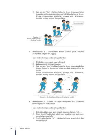 98 Kelas VII SMP/MTs
3)	 Saat aba-aba “hop” rebahkan badan ke depan bersamaan kedua
lengan diayun ke depan dan salah satu kaki dilangkahkan ke depan.
	 Untuk menanamkan nilai-nilai percaya diri, keberanian,
bersedia berbagi tempat dan peralatan.
Berat badan dibawa ke depan
“HOP”
Gambar 3.17
Bentuk pembelajaran 4
lari jarak pendek
e.	 Pembelajaran 5 : Merebahkan badan diawali gerak berjalan
dilanjutkan dengan lari jogging
Cara melakukannya adalah sebagai berikut.
1)	 Dilakukan perorangan atau kelompok
2)	 Lakukan gerak berjalan/jogging.
3)	 Saat aba-aba “hop” rebahkan badan ke depan bersamaan kedua
lengan diayun ke depan dan salah satu kaki dilangkahkan ke
depan.
	 Untuk menanamkan nilai-nilai percaya diri, keberanian,
bersedia berbagi tempat dan peralatan.
“HOP”
Gambar 3.18 Bentuk pembelajaran 5 lari jarak pendek
f.	 Pembelajaran 6 : Lomba lari cepat mengambil bola dilakukan
berpasangan dan berhadapan
Cara melakukannya adalah sebagai berikut.
1)	 Bola diletakkan pada garis tengah lapangan basket /voli.
2)	 Pelari berdiri/melakukan teknik start jongkok pada garis start,
menghadap arah bola.
3)	 Setelah ada aba-aba ”ya” , lakukan lari cepat ke arah bola dan
mengambilnya.
 