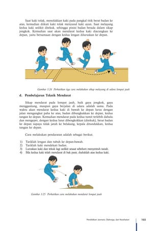 103Pendidikan Jasmani, Olahraga, dan Kesehatan
Saat kaki tolak, menolakkan kaki pada pangkal titik berat badan ke
atas, kemudian diikuti kaki tolak menyusul kaki ayun. Saat melayang
kedua kaki sedikit ditekuk, sehingga posisi badan berada dalam sikap
jongkok. Kemudian saat akan mendarat kedua kaki diacungkan ke
depan, yaitu bersamaan dengan kedua lengan diluruskan ke depan.
d.	 Pembelajaran Teknik Mendarat
Sikap mendarat pada lompat jauh, baik gaya jongkok, gaya
menggantung, maupun gaya berjalan di udara adalah sama. Pada
waktu akan mendarat kedua kaki di bawah ke depan lurus dengan
jalan mengangkat paha ke atas, badan dibungkukkan ke depan, kedua
tangan ke depan. Kemudian mendarat pada kedua tumit terlebih dahulu
dan mengeper, dengan kedua lutut dibengkokkan (ditekuk), berat badan
ke depan supaya tidak jatuh ke belakang, kepala ditundukkan, kedua
tangan ke depan.
Cara melakukan pendaratan adalah sebagai berikut.
1)	 Tariklah lengan dan tubuh ke depan-bawah.
2)	 Tariklah kaki mendekati badan.
3)	 Luruskan kaki dan tekuk lagi sedikit sesaat sebelum menyentuh tanah.
4)	 Bila kedua kaki telah mendarat di bak pasir, duduklah atas kedua kaki.
Gambar 3.25 Perhatikan cara melakukan mendarat lompat jauh
Gambar 3.24 Perhatikan tiga cara melakukan sikap melayang di udara lompat jauh
 