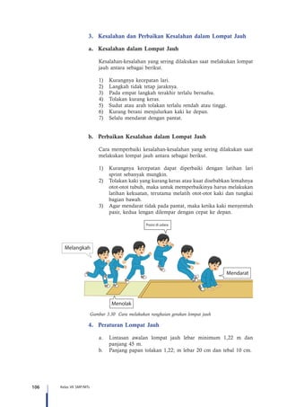 106 Kelas VII SMP/MTs
3.	 Kesalahan dan Perbaikan Kesalahan dalam Lompat Jauh
a.	 Kesalahan dalam Lompat Jauh
Kesalahan-kesalahan yang sering dilakukan saat melakukan lompat
jauh antara sebagai berikut.
1)	 Kurangnya kecepatan lari.
2)	 Langkah tidak tetap jaraknya.
3)	 Pada empat langkah terakhir terlalu bernafsu.
4)	 Tolakan kurang keras.
5)	 Sudut atau arah tolakan terlalu rendah atau tinggi.
6)	 Kurang berani menjulurkan kaki ke depan.
7)	 Selalu mendarat dengan pantat.
b. 	Perbaikan Kesalahan dalam Lompat Jauh
Cara memperbaiki kesalahan-kesalahan yang sering dilakukan saat
melakukan lompat jauh antara sebagai berikut.
1)	 Kurangnya kecepatan dapat diperbaiki dengan latihan lari
sprint sebanyak mungkin.
2)	 Tolakan kaki yang kurang keras atau kuat disebabkan lemahnya
otot-otot tubuh, maka untuk memperbaikinya harus melakukan
latihan kekuatan, terutama melatih otot-otot kaki dan tungkai
bagian bawah.
3)	 Agar mendarat tidak pada pantat, maka ketika kaki menyentuh
pasir, kedua lengan dilempar dengan cepat ke depan.
Menolak
Melangkah
Posisi di udara
Mendarat
Gambar 3.30 Cara melakukan rangkaian gerakan lompat jauh
4.	 Peraturan Lompat Jauh
a.	 Lintasan awalan lompat jauh lebar minimum 1,22 m dan
panjang 45 m.
b.	 Panjang papan tolakan 1,22; m lebar 20 cm dan tebal 10 cm.
 