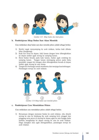 109Pendidikan Jasmani, Olahraga, dan Kesehatan
Gambar 3.33 Sikap badan dan letak peluru
b.	 Pembelajaran Sikap Badan Saat Akan Menolak
Cara melakukan sikap badan saat akan menolak peluru adalah sebagai berikut.
1)	 Berdiri tegak menyamping ke arah tolakan, kedua kaki dibuka
lebar (kangkang).
2)	 Kaki kiri lurus ke depan, kaki kanan dengan lutut dibengkokkan
ke depan sedikit agak serong ke samping kanan.
3)	 Berat badan berada pada kaki kanan, badan agak condong ke
samping kanan. Tangan kanan memegang peluru pada bahu
(pundak), tangan kiri dengan sikut dibengkokkan berada di depan
sedikit agak serong ke atas lemas.
4)	 Tangan kiri berfungsi untuk membantu dan menjaga keseimbangan.
Pandangan tertuju ke arah tolakan.
21 3
Gambar 3.34 Sikap badan saat menolak peluru
c.	 Pembelajaran Cara Menolakkan Peluru
Cara melakukan cara menolakkan peluru adalah sebagai berikut.
1)	 Bersamaan dengan memutar badan ke arah tolakan, siku ditarik
serong ke atas ke belakang (ke arah samping kiri), pinggul dan
pinggang serta perut di dorong ke depan agak ke atas hingga dada
terbuka menghadap ke depan serong ke atas ke arah tolakan.
Dagu diangkat atau agak ditengadahkan, pandangan tertuju ke
arah tolakan.
 