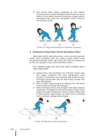 110 Kelas VII SMP/MTs
2)	 Saat seluruh badan (dada) menghadap ke arah tolakan,
secepatnya peluru tersebut ditolakkan sekuat-kuatnya ke atas ke
depan ke arah tolakan (parabola) bersamaan dengan bantuan
menolakkan kaki kanan dan melonjakkan seluruh badan ke
atas serong ke depan.
21 3
Gambar 3.35 Sikap menolak pelurub dari sikap badan menyamping
d.	 Pembelajaran Sikap Badan Setelah Menolakkan Peluru
Sikap badan setelah menolakkan peluru, yaitu suatu bentuk gerakan
setelah peluru ditolakkan lepas dari tangan, dengan maksud untuk
menjaga keseimbangan badan, agar badan tidak terjatuh ke depan atau
ke luar dari lapangan tempat untuk melakukan tolakan.
Cara melakukan gerakan dan sikap badan setelah menolakkan peluru
adalah sebagai berikut.
1)	 Setelah peluru yang ditolakkan atau didorong tersebut lepas
dari tangan, secepatnya kaki yang dipergunakan untuk
menolak itu diturunkan atau mendarat (kaki kanan) kira-kira
menempati tempat bekas kaki kiri (kaki depan), dengan lutut
agak dibengkokkan.
2)	 Kaki kiri (kaki depan) diangkat ke belakang lurus dan lemas
untuk membantu menjaga keseimbangan.
3)	 Badan condong ke depan, dagu diangkat, badan agak miring ke
samping kiri, pandangan ke arah jatuhnya peluru.tangan kanan
dengan sikut agak dibengkokkan berada di depan sedikit agak
di bawah badan, tangan/lengan kiri lemas lurus ke belakang
untuk membantu menjaga keseimbangan.
1 2
Gambar 3.36 Sikap badan setelah menolak peluru
 