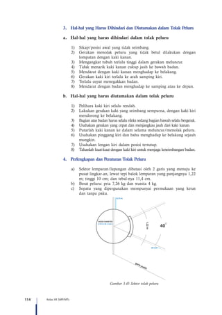 114 Kelas VII SMP/MTs
3.	 Hal-hal yang Harus Dihindari dan Diutamakan dalam Tolak Peluru
a.	 Hal-hal yang harus dihindari dalam tolak peluru
1)	 Sikap/posisi awal yang tidak seimbang.
2)	 Gerakan menolak peluru yang tidak betul dilakukan dengan
lompatan dengan kaki kanan.
3)	 Mengangkat tubuh terlalu tinggi dalam gerakan meluncur.
4)	 Tidak menarik kaki kanan cukup jauh ke bawah badan.
5)	 Mendarat dengan kaki kanan menghadap ke belakang.
6)	 Gerakan kaki kiri terlalu ke arah samping kiri.
7)	 Terlalu cepat menegakkan badan.
8)	 Mendarat dengan badan menghadap ke samping atau ke depan.
b.	 Hal-hal yang harus diutamakan dalam tolak peluru
1)	 Pelihara kaki kiri selalu rendah.
2)	 Lakukan gerakan kaki yang seimbang sempurna, dengan kaki kiri
mendorong ke belakang.
3)	 Bagian atas badan harus selalu rileks sedang bagian bawah selalu bergerak.
4)	 Usahakan gerakan yang cepat dan menjangkau jauh dari kaki kanan.
5)	 Putarlah kaki kanan ke dalam selama meluncur/menolak peluru.
6)	 Usahakan pinggang kiri dan bahu menghadap ke belakang sejauh
mungkin.
7)	 Usahakan lengan kiri dalam posisi tertutup.
8)	 Tahanlah kuat-kuat dengan kaki kiri untuk menjaga keseimbangan badan.
4.	 Perlengkapan dan Peraturan Tolak Peluru
a)	 Sektor lemparan/lapangan dibatasi oleh 2 garis yang menuju ke
pusat lingkar-an, lewat tepi balok lemparan yang panjangnya 1,22
m; tinggi 10 cm; dan tebal-nya 11,4 cm.
b)	 Berat peluru: pria 7,26 kg dan wanita 4 kg.
c)	 Sepatu yang dipergunakan mempunyai permukaan yang keras
dan tanpa paku.
INSIDE DIAMETER
2,135 m ( lk. 5 mm )
50 mm
0,75 m
garis putih
1,22m
40
Gambar 3.45 Sektor tolak peluru
 