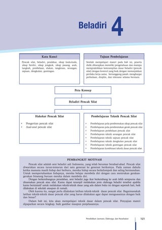 121Pendidikan Jasmani, Olahraga, dan Kesehatan
PEMBANGKIT MOTIVASI
Pencak silat adalah seni beladiri asli Indonesia, yang telah berumur berabad-abad. Pencak silat
diwariskan secara turun-temurun dari satu generasi ke generasi berikutnya. Pada zaman dahulu
ketika manusia masih hidup dari berburu, mereka hidup secara berkelompok dan saling bermusuhan.
Untuk mempertahankan hidupnya, mereka belajar membela diri dengan cara menirukan gerakan-
gerakan binatang buruan mereka dalam membela diri.
Dengan berkembangnya peradaban, seni beladiri juga ikut berkembang ke arah lebih sempurna dan
dinamakan pencak atau silat. Kamu dapat terampil melakukan jenis olahraga beladiri tersebut apabila
kamu berinisiatif untuk melakukan teknik-teknik dasar yang ada dalam buku ini dengan sepenuh hati, baik
dilakukan di sekolah ataupun di rumah.
Oleh karena itu, sangat perlu dilakukan latihan teknik-teknik dasar pencak silat. Bagaimanakah
latihan teknik-teknik dasar pencak silat yang harus dilakukan agar dapat menguasainya dengan baik
dan benar?
Dalam bab ini, kita akan mempelajari teknik dasar dalam pencak silat. Penyajian materi
dipaparkan secara lengkap, baik gambar maupun penjelasannya.
Kata Kunci Tujuan Pembelajaran
Pencak silat, beladiri, pendekar, sikap kuda-kuda,
sikap berdiri, sikap jongkok, sikap pasang, arah,
langkah, pembelaan, elakan, tangkisan, serangan,
sapuan, dengkulan, guntingan.
Setelah mempelajari materi pada bab ini, peserta
didik diharapkan memiliki pengetahuan dan mampu
mempraktikkan keterampilan dasar beladiri (pencak
silat) dengan kontrol yang baik dengan menunjukkan
perilaku kerja sama, bertanggung jawab, menghargai
perbedaan, disiplin, dan toleransi selama bermain.
Peta Konsep
Beladiri Pencak Silat
4Beladiri
Hakekat Pencak Silat
•	 Pengertian pencak silat
•	 Asal-usul pencak silat
Pembelajaran Teknik Pencak Silat
•	 Pembelajaran pola pembentukan sikap pencak silat
•	 Pembelajaran pola pembentukan gerak pencak silat
•	 Pembelajaran pembelaan pencak silat
•	 Pembelajaran teknik serangan pencak silat
•	 Pembelajaran teknik sapuan pencak silat
•	 Pembelajaran teknik dengkulan pencak silat
•	 Pembelajaran teknik guntingan pencak silat
•	 Pembelajaran kombinasi teknik dasar pencak silat.
 