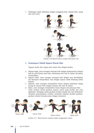 128 Kelas VII SMP/MTs
c.	 Tendangan dapat dilakukan dengan punggung kaki, telapak kaki, ujung
kaki dan tumit.
Gambar 4.10 Macam-macam serangan kaki pencak silat
3.	Pembelajaran Teknik Sapuan Pencak Silat
Sapuan terdiri dari empat jenis antara lain sebagai berikut.
a.	 Sapuan tegak, yaitu serangan menyapu kaki dengan perkenaannya telapak
kaki ke arah bawah mata kaki, lintasannya dari luar ke dalam, bertujuan
mematahkan.
b.	 Sapuan rebah, yaitu serangan menyapu kaki dengan cara merebahkan
diri bertujuan menjatuhkan, bisa dengan sapuan rebah belakang (sirkel
bawah).
c.	 Sabetan, yaitu serangan menjatuhkan lawan dengan perkenaan tulang
kering ke sasaran betis dengan lintasan dari luar ke dalam.
d.	 Beset, yaitu serangan menjatuhkan lawan dengan alat penyasar betis.
	 Coba rasakan teknik gerakan sapuan mana yang mudah dan sulit
dilakukan. Mengapa teknik gerakan tersebut mudah dan sulit dilakukan?
Temukan permasalahan tersebut, kemudian lakukan kembali gerakan-
gerakan tersebut bersama-sama dengan temanmu!
Sapuan tegak Sapuan rebah
Sapuan sabetan Sapuan beset
Gambar 4.11 Macam-macam serangan tungkai menggunakan sapuan
 