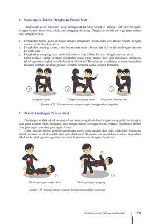 129Pendidikan Jasmani, Olahraga, dan Kesehatan
4.	Pembelajaran Teknik Dengkulan Pencak Silat
Dengkulan yaitu serangan yang menggunakan lutut/dengkul sebagai alat penyerangan,
dengan sasaran kemaluan, dada, dan pinggang belakang. Dengkulan terdiri dari tiga jenis antara
lain sebagai berikut.
a.	 Dengkulan depan, yaitu serangan dengan dengkulan, lintasannya dari atas ke bawah, dengan
sasaran dada dan kemaluan.
b.	 Dengkulan samping dalam, yaitu lintasannya seperti busur dari luar ke dalam dengan sasaran
ke arah dada.
c.	 Dengkulkan samping luar, yaitu lintasannya dari dalam ke luar, dengan sasaran perut.
	 Coba rasakan teknik gerakan dengkulan mana yang mudah dan sulit dilakukan. mengapa
teknik gerakan tersebut mudah dan sulit dilakukan? Temukan permasalahan tersebut, kemudian
lakukan kembali gerakan-gerakan tersebut bersama-sama dengan temanmu!
Dengkulan depan	 Dengkulan samping dalam	 Dengkulan Samping luar
Gambar 4.12 Macam-macam serangan tungkai menggunakan dengkulan
5.	 Teknik Guntingan Pencak Silat
Guntingan adalah teknik menjatuhkan lawan yang dilakukan dengan menjepit kedua tungkai
kaki pada sasaran leher, pinggang, atau tungkai lawan sehingga lawan terjatuh. Guntingan terdiri
dari guntingan luar dan guntingan dalam.
Coba rasakan teknik gerakan guntingan mana yang mudah dan sulit dilakukan. Mengapa
teknik gerakan tersebut mudah dan sulit dilakukan? Temukan permasalahan tersebut, kemudian
lakukan kembali gerakan-gerakan tersebut bersama-sama dengan temanmu!
Teknik guntingan tungkai kaki Teknik guntingan pinggang
Gambar 4.13 Macam-macam serangan tungkai menggunakan guntingan
 