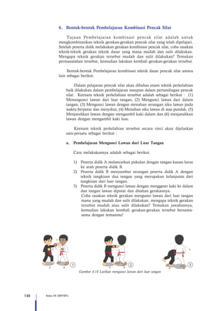 130 Kelas VII SMP/MTs
6.	 Bentuk-bentuk Pembelajaran Kombinasi Pencak Silat
Tujuan Pembelajaran kombinasi pencak silat adalah untuk
mengkombinasikan teknik gerakan-gerakan pencak silat yang telah dipelajari.
Setelah peserta didik melakukan gerakan kombinasi pencak silat, coba rasakan
teknik-teknik gerakan teknik dasar yang mana mudah dan sulit dilakukan.
Mengapa teknik gerakan tersebut mudah dan sulit dilakukan? Temukan
permasalahan tersebut, kemudian lakukan kembali gerakan-gerakan tersebut.
Bentuk-bentuk Pembelajaran kombinasi teknik dasar pencak silat antara
lain sebagai berikut.
Dalam pelajaran pencak silat akan dibahas enam teknik perkelahian
baik dilakukan dalam pembelajaran maupun dalam pertandingan pencak
silat.   Keenam teknik perkelahian tersebut adalah sebagai berikut :   (1)  
Menungunci lawan dari luar tangan, (2) Mengunci lawan dari dalam
tangan, (3) Mengunci lawan dengan menahan serangan siku lawan pada
waktu berputar dan menyikut, (4) Menahan siku lawan di atas pundak, (5)
Menjatuhkan lawan dengan mengambil kaki dalam dan (6) menjatuhkan
lawan dengan mengambil kaki luar.
Keenam teknik perkelahian tersebut secara rinci akan dijelaskan
satu-persatu sebagai berikut :
a.	 Pembelajaran Mengunci Lawan dari Luar Tangan
Cara melakukannya adalah sebagai berikut.
1)	 Peserta didik A melancarkan pukulan dengan tangan kanan lurus
ke arah peserta didik B.
2)	 Peserta didik B menyambut serangan peserta didik A dengan
teknik tangkisan dua tangan yang merupakan kelanjutan dari
tangkisan dari luar tangan.
3)	 Peserta didik B mengunci lawan dengan menggeser kaki ke dalam
dan tangan lawan diputar dan ditahan gerakannya.
	 Coba rasakan teknik gerakan mengunci lawan dari luar tangan
mana yang mudah dan sulit dilakukan. mengapa teknik gerakan
tersebut mudah atau sulit dilakukan? Temukan jawabannya,
kemudian lakukan kembali gerakan-gerakan tersebut bersama-
sama dengan temanmu!
Gambar 4.14 Latihan mengunci lawan dari luar tangan
A B A B A B
 