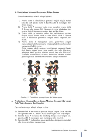 131Pendidikan Jasmani, Olahraga, dan Kesehatan
b.	Pembelajaran Mengunci Lawan dari Dalam Tangan
Cara melakukannya adalah sebagai berikut.
1)	 Peserta didik A melancarkan pukulan dengan tangan kanan
lurus ke arah peserta didik B. Peserta didik B menangkis dari
dalam tangan.
2)	 Peserta didik A memutar badan terus menyikut peserta didik
B dengan siku tangan kiri. Serangan tersebut dilakukan oleh
peserta didik B dengan menggeser kaki kiri ke dalam.
3)	 Peserta didik A memutar badan dan melancarkan pukulan
dengan tangan kanan lurus ke arah peserta didik B. Peserta
didik B melakukan pembelaan dengan teknik tangkisan dari
dalam.
4)	 Peserta didik B melanjutkan usaha pembelaan dengan
memasukkan kaki kanannya ke belakang kaki lawan kemudian
mengungkit kaki tersebut.
		 Coba rasakan teknik gerakan pembelajaran mengunci lawan
dari dalam tangan mana yang mudah dan sulit dilakukan.
Mengapa teknik gerakan tersebut mudah dan sulit dilakukan?
Temukan permasalahan tersebut, kemudian lakukan kembali
gerakan-gerakan tersebut bersama-sama dengan temanmu!
A B A B
A BA B
Gambar 4.15 Pembelajaran mengunci lawan dari dalam tangan
c.	 Pembelajaran Mengunci Lawan dengan Menahan Serangan Siku Lawan
Pada Waktu Berputar dan Menyikut
	 Cara melakukannya adalah sebagai berikut.
1)	 Peserta didik A melancarkan pukulan dengan tangan kanan lurus ke
arah peserta didik B. peserta didik B menangkis dari luar tangan.
2)	 Peserta didik A menyikut ke belakang dengan siku tangan kiri.  
peserta didik B menangkis dan menangkap siku tersebut.
3)	 Peserta didik A melanjutkan usaha pembelaan dengan memutarkan
siku lawan sekaligus menguncinya.
 