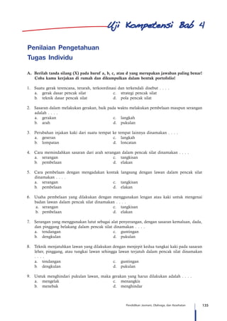 135Pendidikan Jasmani, Olahraga, dan Kesehatan
Penilaian Pengetahuan
Tugas Individu
A.	 Berilah tanda silang (X) pada huruf a, b, c, atau d yang merupakan jawaban paling benar!
Coba kamu kerjakan di rumah dan dikumpulkan dalam bentuk portofolio!
1.	 Suatu gerak terencana, terarah, terkoordinasi dan terkendali disebut . . . .
a.	 gerak dasar pencak silat	 c.	 strategi pencak silat
b.	 teknik dasar pencak silat	 d.	 pola pencak silat
2.	 Sasaran dalam melakukan gerakan, baik pada waktu melakukan pembelaan maupun serangan
adalah . . . .
a.	gerakan	 c.	langkah
b.	arah	 d.	pukulan
3.	 Perubahan injakan kaki dari suatu tempat ke tempat lainnya dinamakan . . . .
a.	geseran	 c.	langkah
b.	lompatan	 d.	loncatan
4.	 Cara memindahkan sasaran dari arah serangan dalam pencak silat dinamakan . . . .
a.	serangan	 c.	tangkisan
b.	pembelaan	 d.	elakan
5.	 Cara pembelaan dengan mengadakan kontak langsung dengan lawan dalam pencak silat
dinamakan . . . .
a.	serangan	 c.	tangkisan
b.	pembelaan	 d.	elakan
6.	 Usaha pembelaan yang dilakukan dengan menggunakan lengan atau kaki untuk mengenai
badan lawan dalam pencak silat dinamakan . . . .
a.	serangan	 c.	 tangkisan
b.	pembelaan	 d.	elakan
7.	 Serangan yang menggunakan lutut sebagai alat penyerangan, dengan sasaran kemaluan, dada,
dan pinggang belakang dalam pencak silat dinamakan . . . .
a.	tendangan	 c.	guntingan
b.	dengkulan	 d.	pukulan
8.	 Teknik menjatuhkan lawan yang dilakukan dengan menjepit kedua tungkai kaki pada sasaran
leher, pinggang, atau tungkai lawan sehingga lawan terjatuh dalam pencak silat dinamakan
. . . .
a.	tendangan	 c.	guntingan
b.	dengkulan	 d.	pukulan
9.	 Untuk menghindari pukulan lawan, maka gerakan yang harus dilakukan adalah . . . .
a.	mengelak	 c.	menangkis
b.	menebak	 d.	menghindar
4
 