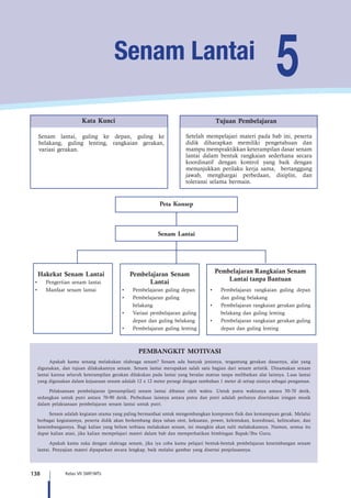 138 Kelas VII SMP/MTs
Senam lantai, guling ke depan, guling ke
belakang, guling lenting, rangkaian gerakan,
variasi gerakan.
Kata Kunci
Peta Konsep
Senam Lantai
Setelah mempelajari materi pada bab ini, peserta
didik diharapkan memiliki pengetahuan dan
mampu mempraktikkan keterampilan dasar senam
lantai dalam bentuk rangkaian sederhana secara
koordinatif dengan kontrol yang baik dengan
menunjukkan perilaku kerja sama, bertanggung
jawab, menghargai perbedaan, disiplin, dan
toleransi selama bermain.
Tujuan Pembelajaran
5Senam Lantai
Hakekat Senam Lantai
•	 Pengertian senam lantai
•	 Manfaat senam lantai
Pembelajaran Senam
Lantai
•	 Pembelajaran guling depan
•	 Pembelajaran guling
belakang
•	 Variasi pembelajaran guling
depan dan guling belakang
•	 Pembelajaran guling lenting
Pembelajaran Rangkaian Senam
Lantai tanpa Bantuan
•	 Pembelajaran rangkaian guling depan
dan guling belakang
•	 Pembelajaran rangkaian gerakan guling
belakang dan guling lenting
•	 Pembelajaran rangkaian gerakan guling
depan dan guling lenting
PEMBANGKIT MOTIVASI
Apakah kamu senang melakukan olahraga senam? Senam ada banyak jenisnya, tergantung gerakan dasarnya, alat yang
digunakan, dan tujuan dilakukannya senam. Senam lantai merupakan salah satu bagian dari senam artistik. Dinamakan senam
lantai karena seluruh keterampilan gerakan dilakukan pada lantai yang beralas matras tanpa melibatkan alat lainnya. Luas lantai
yang digunakan dalam kejuaraan senam adalah 12 x 12 meter persegi dengan tambahan 1 meter di setiap sisinya sebagai pengaman.
Pelaksanaan pembelajaran (penampilan) senam lantai dibatasi oleh waktu. Untuk putra waktunya antara 50-70 detik,
sedangkan untuk putri antara 70-90 detik. Perbedaan lainnya antara putra dan putri adalah perlunya disertakan iringan musik
dalam pelaksanaan pembelajaran senam lantai untuk putri.
Senam adalah kegiatan utama yang paling bermanfaat untuk mengembangkan komponen fisik dan kemampuan gerak. Melalui
berbagai kegiatannya, peserta didik akan berkembang daya tahan otot, kekuatan, power, kelentukan, koordinasi, kelincahan, dan
keseimbangannya. Bagi kalian yang belum terbiasa melakukan senam, ini mungkin akan sulit melakukannya. Namun, semua itu
dapat kalian atasi, jika kalian mempelajari materi dalam bab dan memperhatikan bimbingan Bapak/Ibu Guru.
Apakah kamu suka dengan olahraga senam, jika iya coba kamu pelajari bentuk-bentuk pembelajaran keseimbangan senam
lantai. Penyajian materi dipaparkan secara lengkap, baik melalui gambar yang disertai penjelasannya.
 