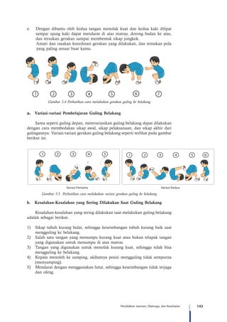 143Pendidikan Jasmani, Olahraga, dan Kesehatan
e.	 Dengan dibantu oleh kedua tangan menolak kuat dan kedua kaki dilipat
sampai ujung kaki dapat mendarat di atas matras, dorong badan ke atas,
dan teruskan gerakan sampai membentuk sikap jongkok.
Amati dan rasakan koordinasi gerakan yang dilakukan, dan temukan pola
yang paling sesuai buat kamu.
Gambar 5.4 Perhatikan cara melakukan gerakan guling ke belakang
a.	 Variasi-variasi Pembelajaran Guling Belakang
Sama seperti guling depan, memvariasikan guling belakang dapat dilakukan
dengan cara membedakan sikap awal, sikap pelaksanaan, dan sikap akhir dari
gulingannya. Variasi-variasi gerakan guling belakang seperti terlihat pada gambar
berikut ini.
Variasi KeduaVariasi Pertama
	
Gambar 5.5 Perhatikan cara melakukan variasi gerakan guling ke belakang
b.	 Kesalahan-Kesalahan yang Sering Dilakukan Saat Guling Belakang
Kesalahan-kesalahan yang sering dilakukan saat melakukan guling belakang
adalah sebagai berikut.
1)	 Sikap tubuh kurang bulat, sehingga keseimbangan tubuh kurang baik saat
mengguling ke belakang.
2)	 Salah satu tangan yang menumpu kurang kuat atau bukan telapak tangan
yang digunakan untuk menumpu di atas matras.
3)	 Tangan yang digunakan untuk menolak kurang kuat, sehingga tidak bisa
mengguling ke belakang.
4)	 Kepala menoleh ke samping, akibatnya posisi mengguling tidak sempurna
(menyamping).
5)	 Mendarat dengan menggunakan lutut, sehingga keseimbangan tidak terjaga
dan oleng.
 