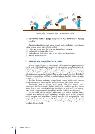 146 Kelas VII SMP/MTs
Gambar 5.12 Pembelajaran tahap 5 gerakan guling lenting
c.	 Kesalahan-Kesalahan yang Sering Terjadi Pada Pembelajaran Guling
Lenting
	 Kesalahan-kesalahan yang sering terjadi saat melakukan pembelajaran
guling lenting antara lain sebagai berikut.
1)	 Pada saat kedua kaki dilemparkan, kedua lutut bengkok.
2)	 Kedua kaki terbuka/tidak rapat.
3)	 Badan kurang melenting, atau terlalu melenting (membusur).
4)	 Kurang tolakan tangan.
C.	 Pembelajaran Rangkaian Senam Lantai
Tujuan rangkaian gerakan senam lantai adalah untuk mengkombinasikan
teknik gerakan-gerakan rangkaian gerakan senam lantai yang telah dipelajari.
Setelah peserta didik melakukan rangkaian gerakan senam lantai, coba
rasakan teknik-teknik rangkaian gerakan senam lantai yang mana mudah dan
sulit dilakukan. Mengapa teknik gerakan tersebut mudah dan sulit dilakukan?
Temukan permasalahan tersebut, kemudian lakukan kembali gerakan-gerakan
tersebut.
Sebelum berlatih rangkaian seman lantai, peserta didik sudah mampu
melakukan gerakan guling depan, guling belakang, dan guling lenting.
Rangkaian gerakan senam lantai dapat dilakukan dengan cara:
perorangan dan berpasangan. Dalam melakukan rangkaian gerakan senam
lantai, peserta didik diharapkan dapat menunjukkan nilai-nilai sikap seperti:
kerja sama, tanggung jawab, menghargai teman, disiplin, dan toleransi.
Senam lantai selain sebagai pemanasan juga sangat menarik untuk
ditonton, baik dilakukan secara perorangan maupun secara massal. Gerakan
secara seragam dan membentuk formasi menarik dan mengesankan. Pria
tampil selama 70 detik dan wanita 90 detik, dengan diiringi musik. Rangkaian
urutan mulai dari lompatan, putaran, keseimbangan diselingi dengan unsur
lonjakan dan akrobatik.
 