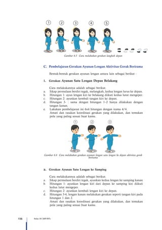 156 Kelas VII SMP/MTs
5
Gambar 6.5 Cara melakukan gerakan langkah depan
C.	 Pembelajaran Gerakan Ayunan Lengan Aktivitas Gerak Berirama
	 Bentuk-bentuk gerakan ayunan lengan antara lain sebagai berikut :
1.	Gerakan Ayunan Satu Lengan Depan Belakang
	 Cara melakukannya adalah sebagai berikut.
a.	 Sikap permulaan berdiri tegak, melangkah, kedua lengan lurus ke depan.
b.	 Hitungan 1: ayun lengan kiri ke belakang diikuti kedua lutut mengeper.
c.	 Hitungan 2: ayunkan kembali tangan kiri ke depan.
d.	 Hitungan 3- : sama dengan hitungan 1–2 hanya dilakukan dengan
tangan kanan.
e.	 Lakukan pembelajaran ini 6x4 hitungan dengan irama 4/4.
Amati dan rasakan koordinasi gerakan yang dilakukan, dan temukan
pola yang paling sesuai buat kamu.
Gambar 6.6 Cara melakukan gerakan ayunan lengan satu lengan ke depan aktivitas gerak
berirama
2.	 Gerakan Ayunan Satu Lengan ke Samping
	 Cara melakukannya adalah sebagai berikut.
a.	 Sikap permulaan berdiri tegak, ayunkan kedua lengan ke samping kanan
b.	 Hitungan 1: ayunkan lengan kiri dari depan ke samping kiri diikuti
kedua lutut mengeper.
c.	 Hitungan 2: ayunkan kembali lengan kiri ke depan.
d.	 Hitungan 3-4, lengan kanan melakukan gerakan seperti tangan kiri pada
hitungan 1 dan 2.
Amati dan rasakan koordinasi gerakan yang dilakukan, dan temukan
pola yang paling sesuai buat kamu.
 