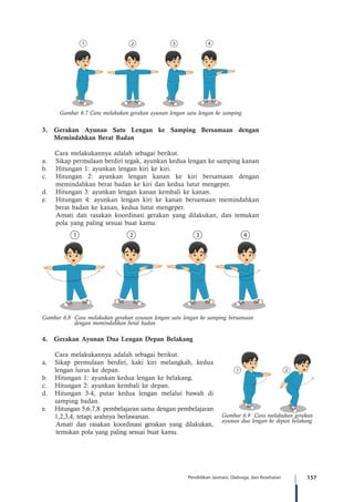 157Pendidikan Jasmani, Olahraga, dan Kesehatan
Gambar 6.7 Cara melakukan gerakan ayunan lengan satu lengan ke samping
3.	Gerakan Ayunan Satu Lengan ke Samping Bersamaan dengan
Memindahkan Berat Badan
	 Cara melakukannya adalah sebagai berikut.
a.	 Sikap permulaan berdiri tegak, ayunkan kedua lengan ke samping kanan
b.	 Hitungan 1: ayunkan lengan kiri ke kiri.
c.	 Hitungan 2: ayunkan lengan kanan ke kiri bersamaan dengan
memindahkan berat badan ke kiri dan kedua lutut mengeper.
d.	 Hitungan 3: ayunkan lengan kanan kembali ke kanan.
e.	 Hitungan 4: ayunkan lengan kiri ke kanan bersamaan memindahkan
berat badan ke kanan, kedua lutut mengeper.
Amati dan rasakan koordinasi gerakan yang dilakukan, dan temukan
pola yang paling sesuai buat kamu.
Gambar 6.8 Cara melakukan gerakan ayunan lengan satu lengan ke samping bersamaan 		
dengan memindahkan berat badan
4.	 Gerakan Ayunan Dua Lengan Depan Belakang
	 Cara melakukannya adalah sebagai berikut.
a.	 Sikap permulaan berdiri, kaki kiri melangkah, kedua
lengan lurus ke depan.
b.	 Hitungan 1: ayunkan kedua lengan ke belakang.
c.	 Hitungan 2: ayunkan kembali ke depan.
d.	 Hitungan 3-4, putar kedua lengan melalui bawah di
samping badan.
e.	 Hitungan 5,6,7,8: pembelajaran sama dengan pembelajaran
1,2,3,4, tetapi arahnya berlawanan.
Amati dan rasakan koordinasi gerakan yang dilakukan,
temukan pola yang paling sesuai buat kamu.
Gambar 6.9 Cara melakukan gerakan
ayunan dua lengan ke depan belakang
 