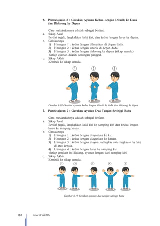 162 Kelas VII SMP/MTs
6. Pembelajaran 6 : Gerakan Ayunan Kedua Lengan Ditarik ke Dada
dan Didorong ke Depan
	 Cara melakukannya adalah sebagai berikut.
a.	 Sikap Awal
	 Berdiri tegak, langkahkan kaki kiri, dan kedua lengan lurus ke depan.
b.	 Gerakannya
1)	 Hitungan 1 : kedua lengan diluruskan di depan dada.
2)	 Hitungan 2 : kedua lengan ditarik di depan dada.
3)	 Hitungan 3 : kedua lengan didorong ke depan (sikap semula)
Setiap ayunan diikuti dorongan panggul.
c.	 Sikap Akhir
	 Kembali ke sikap semula.
Gambar 6.18 Gerakan ayunan kedua lengan ditarik ke dada dan didorong ke depan
7.	 Pembelajaran 7 : Gerakan Ayunan Dua Tangan Setinggi Bahu
	 Cara melakukannya adalah sebagai berikut.
a.	 Sikap Awal
	 Berdiri tegak, langkahkan kaki kiri ke samping kiri dan kedua lengan 		
	 lurus ke samping kanan.
b.	 Gerakannya
1)	 Hitungan 1 : kedua lengan diayunkan ke kiri.
2)	 Hitungan 2 : kedua lengan diayunkan ke kanan.
3)	 Hitungan 3 : kedua lengan diayun melingkar satu lingkaran ke kiri
di atas kepala.
4)	 Hitungan 4 : kedua lengan lurus ke samping kiri.
Setiap gerakan ini diulang, ayunan lengan dari samping kiri
c.	 Sikap Akhir
	 Kembali ke sikap semula.
Gambar 6.19 Gerakan ayunan dua tangan setinggi bahu
 