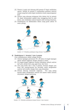 11Pendidikan Jasmani, Olahraga, dan Kesehatan
(3)	 Pemain A pada saat diserang oleh pemain D dapat melakukan
operan. Setelah itu pemain A melanjutkan geraknya mencari
tempat yang baik untuk dapat membantu teman yang menguasai
bola.
(4)	 Pemain yang sekarang menguasai bola (dalam hal ini pemain
B), dapat memutuskan apakah akan menggiring bola ke arah
lawan, atau melakukan operan kepada salah seorang temannya.
(5)	 Pembelajaran ini dilaksanakan dalam ruang gerak sekitar 10
meter persegi.
A
A1
D
C
Gambar 1.13 Perhatikan pembelajaran ketiga bermain 3 lawan 1
d)	 Pembelajaran 4 : bermain 3 atau 4 pemain
Cara melakukannya adalah sebagai berikut.
(1)	 Ukuran lapangan permainan 30 x 20 meter di tengah lapangan
dibuat sebuah lingkaran dengan diameter 8 meter.
(2)	 Di tengah-tengah lingkaran tersebut diletakkan sebuah medicine
ball yaitu sebuah bola yang agak besar dan berat.
(3)	 Tim yang terdiri dari 3 atau 4 pemain, bermain dengan cara
biasa dan masing-masing tim berusaha untuk mengenakan
medicine ball tersebut dengan bola yang dimainkan.
(4)	Pemain dilarang memasuki lingkaran. Tim yang paling
banyak dapat mengenakan medicine ball selama waktu tertentu
dinyatakan sebagai pemenang.
Gambar 1.14 Perhatikan pembelajaran keempat bermain 3 atau 4 pemain
 