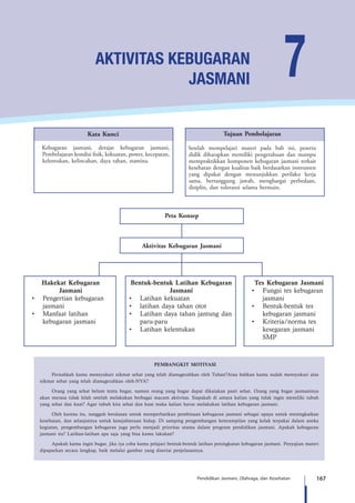 167Pendidikan Jasmani, Olahraga, dan Kesehatan
Kebugaran jasmani, derajat kebugaran jasmani,
Pembelajaran kondisi fisik, kekuatan, power, kecepatan,
kelentukan, kelincahan, daya tahan, stamina.
Kata Kunci
Peta Konsep
Aktivitas Kebugaran Jasmani
Setelah mempelajari materi pada bab ini, peserta
didik diharapkan memiliki pengetahuan dan mampu
mempraktikkan komponen kebugaran jasmani terkait
kesehatan dengan kualitas baik berdasarkan instrumen
yang dipakai dengan menunjukkan perilaku kerja
sama, bertanggung jawab, menghargai perbedaan,
disiplin, dan toleransi selama bermain.
Tujuan Pembelajaran
7AKTIVITAS KEBUGARAN
JASMANI
PEMBANGKIT MOTIVASI
Pernahkah kamu mensyukuri nikmat sehat yang telah dianugerahkan oleh Tuhan?Atau bahkan kamu sudah mensyukuri atas
nikmat sehat yang telah dianugerahkan oleh-NYA?
Orang yang sehat belum tentu bugar, namun orang yang bugar dapat dikatakan pasti sehat. Orang yang bugar jasmaninya
akan merasa tidak lelah setelah melakukan berbagai macam aktivitas. Siapakah di antara kalian yang tidak ingin memiliki tubuh
yang sehat dan kuat? Agar tubuh kita sehat dan kuat maka kalian harus melakukan latihan kebugaran jasmani.
Oleh karena itu, sungguh beralasan untuk memperhatikan pembinaan kebugaran jasmani sebagai upaya untuk meningkatkan
kesehatan, dan selanjutnya untuk kesejahteraan hidup. Di samping pengembangan keterampilan yang kelak terpakai dalam aneka
kegiatan, pengembangan kebugaran juga perlu menjadi prioritas utama dalam program pendidikan jasmani. Apakah kebugaran
jasmani itu? Latihan-latihan apa saja yang bisa kamu lakukan?
Apakah kamu ingin bugar, jika iya coba kamu pelajari bentuk-bentuk latihan peningkatan kebugaran jasmani. Penyajian materi
dipaparkan secara lengkap, baik melalui gambar yang disertai penjelasannya.
Bentuk-bentuk Latihan Kebugaran
Jasmani
•	 Latihan kekuatan
•	 latihan daya tahan otot
•	 Latihan daya tahan jantung dan
paru-paru
•	 Latihan kelentukan
Hakekat Kebugaran
Jasmani
•	 Pengertian kebugaran
jasmani
•	 Manfaat latihan
kebugaran jasmani
Tes Kebugaran Jasmani
•	 Fungsi tes kebugaran
jasmani
•	 Bentuk-bentuk tes
kebugaran jasmani
•	 Kriteria/norma tes
kesegaran jasmani
SMP
 