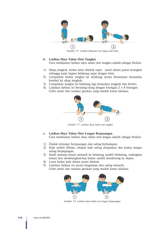 174 Kelas VII SMP/MTs
Gambar 7.6 Latihan kekuatan otot lengan dan bahu
b.	 Latihan Daya Tahan Otot Tungkai
Cara melakukan latihan daya tahan otot tungkai adalah sebagai berikut.
1)	 Sikap jongkok, kedua lutut ditekuk rapat. tumit dalam posisi terangkat
sehingga pada bagian belakang rapat dengan betis.
2)	 Lemparkan kedua tungkai ke belakang secara bersamaan kemudian
kembali ke sikap jongkok.
3)	 Lemparkan tungkai ke belakang lagi kemudian jongkok dan berdiri.
4)	 Lakukan latihan ini berulang-ulang dengan hitungan 2 x 8 hitungan.
	 Coba amati dan rasakan gerakan yang mudah kamu lakukan.
Gambar 7.7 Latihan daya tahan otot tungkai
c.	 Latihan Daya Tahan Otot Lengan Berpasangan
Cara melakukan latihan daya tahan otot lengan adalah sebagai berikut.
1)	 Duduk terlunjur berpasangan dan saling berhadapan.
2)	 Kaki sedikit dibuka, telapak kaki saling dirapatkan dan kedua tangan
saling berpegangan.
3)	 Salah seorang teman menarik ke belakang sambil berbaring, sedangkan
teman lain membungkuk-kan badan sambil mendorong ke depan.
4)	 Lutut kedua kaki dalam posisi ditekuk.
5)	 Lakukan latihan ini secara bergantian dan saling menarik.
	 Coba amati dan rasakan gerakan yang mudah kamu lakukan.
Gambar 7.8 Latihan daya tahan otot lengan berpasangan
 