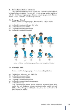 177Pendidikan Jasmani, Olahraga, dan Kesehatan
b.	 Bentuk-Bentuk Latihan Kelenturan
Latihan kelenturan adalah senam ketangkasan dasar-dasar yang didahului
dengan latihan pemanasan (warming-up). Bentuk-bentuk latihan kelenturan
ada dua bentuk, yaitu: peregangan dinamis dan peregangan statis. Bentuk-
bentuk latihan kelenturan adalah sebagai berikut.
1)	 Peregangan Dinamis
Bentuk-bentuk latihan peregangan dinamis adalah sebagai berikut.
a)	 Latihan kelenturan otot lengan dan bahu
b)	 Latihan kelenturan otot leher
c)	 Latihan kelenturan otot pinggang
d)	 Latihan kelenturan otot tungkai
10
Gambar 7.10 Bentuk-bentuk latihan peregangan dinamis untuk meningkatkan kelenturan
2)	 Peregangan Statis
Bentuk-bentuk latihan peregangan statis adalah sebagai berikut.
a)	 Pembelajaran kelenturan otot fleksi siku
b)	 Latihan kelenturan otot bahu
c)	 Latihan kelenturan otot leher
d)	 Latihan kelenturan otot pinggang
e)	 Latihan kelenturan tungkai dan punggung
f)	 Latihan kelenturan
	 Coba rasakan bentuk-bentuk latihan kelenturan (fleksibility) mana yang
mudah dan sulit dilakukan. mengapa gerakan tersebut mudah dan sulit
dilakukan? temukan permasalahan tersebut, kemudian lakukan kembali
gerakan-gerakan tersebut.
 