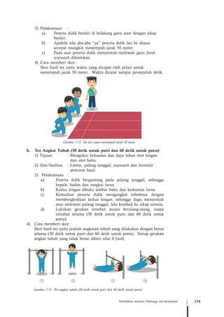 179Pendidikan Jasmani, Olahraga, dan Kesehatan
	 3)	Pelaksanaan	 :
		 a)	 Peserta didik berdiri di belakang garis start dengan sikap 		
	berdiri.
		 b)	 Apabila ada aba-aba “ya” peserta didik lari ke depan 		
	 secepat mungkin menempuh jarak 50 meter.
		 c)	 Pada saat peserta didik menyentuh/melewati garis finish 		
	stopwatch dihentikan.
	 4)	Cara memberi skor :
	 Skor hasil tes yaitu waktu yang dicapai oleh pelari untuk 			
	 menempuh jarak 50 meter. Waktu dicatat sampai persepuluh detik.
Gambar. 7.12 Tes lari cepat menempuh jarak 50 meter
b.	 Tes Angkat Tubuh (30 detik untuk putri dan 60 detik untuk putra)
1) Tujuan			 : Mengukur kekuatan dan daya tahan otot lengan
dan otot bahu.
2) Alat/fasilitas	 : Lantai, palang tunggal, stopwatch dan formulir 	
pencatat hasil.
3)	Pelaksanaan	:
a)	 Peserta didik bergantung pada palang tunggal, sehingga
kepala, badan dan tungkai lurus.
b)	 Kedua lengan dibuka selebar bahu dan keduanya lurus.
c)	 Kemudian peserta didik mengangkat tubuhnya dengan
membengkokkan kedua lengan, sehingga dagu menyentuh
atau melewati palang tunggal, lalu kembali ke sikap semula.
d)	 Lakukan gerakan tersebut secara berulang-ulang, tanpa
istirahat selama (30 detik untuk putri dan 60 detik untuk
putra).
4)	 Cara memberi skor :
Skor hasil tes yaitu jumlah angkatan tubuh yang dilakukan dengan benar
selama (30 detik untuk putri dan 60 detik untuk putra). Setiap gerakan
angkat tubuh yang tidak benar diberi nilai 0 (nol).
Gambar 7.13 Tes angkat tubuh (30 detik untuk putri dan 60 detik untuk putra)
 