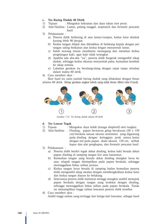 180 Kelas VII SMP/MTs
c.	 Tes Baring Duduk 60 Detik
1)	 Tujuan	 : Mengukur kekuatan dan daya tahan otot perut.
2)	 Alat/fasilitas	: Lantai, palang tunggal, stopwatch dan formulir pencatat
hasil.
3)	 Pelaksanaan	:
	 a)	 Peserta didik berbaring di atas lantai/rumput, kedua lutut ditekuk
kurang lebih 90 derajat.
	 b)	 Kedua tangan dilipat dan diletakkan di belakang kepala dengan jari
tangan saling berkaitan dan kedua lengan menyentuh lantai.
	 c)	 Salah seorang teman membantu memegang dan menekan kedua
pergelangan kaki, agar kaki tidak terangkat.
	 d)	 Apabila ada aba-aba “ya”, peserta didik bergerak mengambil sikap
duduk, sehingga kedua sikunya menyentuh paha, kemudian kembali
ke sikap semula.
	 e)	 Lakukan gerakan itu berulang-ulang dengan cepat tanpa istirahat
dalam waktu 60 detik.
4)	 Cara memberi skor :
	 Skor hasil tes yaitu jumlah baring duduk yang dilakukan dengan benar
selama 60 detik. Setiap gerakan angkat tubuh yang tidak benar diberi nilai 0 (nol).
Gambar 7.14 Tes baring duduk selama 60 detik
d.	 Tes Loncat Tegak
1)	 Tujuan	 : Mengukur daya ledak (tenaga eksplosif) otot tungkai.
2)	 Alat/fasilitas	 : Dinding, papan berwarna gelap berukuran (30 x 150
cm) berskala satuan ukuran sentimeter yang digantung
pada dinding dengan ketinggian jarak antara lantai
dengan nol pada papan skala ukuran 150 cm, serbuk
kapur dan alat penghapus, dan formulir pencatat hasil.
3)	 Pelaksanaan	:
a)	 Peserta didik berdiri tegak dekat dinding, kedua kaki berada dekat
papan dinding di samping tangan kiri atau kanannya.
b)	 Kemudian tangan yang berada dekat dinding diangkat lurus ke
atas, telapak tangan ditempelkan pada papan berskala, sehingga
meninggalkan bekas raihan jarinya.
c)	 Kedua tangan lurus berada di samping badan kemudian peserta
didik mengambil sikap awalan dengan membengkokkan kedua lutut
dan kedua tangan diayun ke belakang.
d)	 	Seterusnya peserta didik meloncat setinggi mungkin sambil menepuk
papan berskala dengan tangan yang terdekat dengan dinding,
sehingga meninggalkan bekas raihan pada papan berskala. Tanda
ini menampilkan tinggi raihan loncatan peserta didik tersebut.
4)	 Cara memberi skor :
Ambil tinggi raihan yang tertinggi dari ketiga kali loncatan, sebagai hasil
 