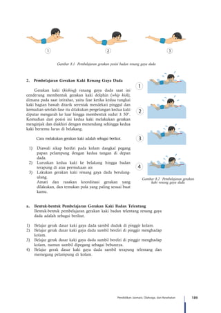 189Pendidikan Jasmani, Olahraga, dan Kesehatan
2.	 Pembelajaran Gerakan Kaki Renang Gaya Dada
Gerakan kaki (kicking) renang gaya dada saat ini
cenderung membentuk gerakan kaki dolphin (whip kick),
dimana pada saat istirahat, yaitu fase ketika kedua tungkai
kaki bagian bawah ditarik serentak mendekati pinggul dan
kemudian setelah fase itu dilakukan pergelangan kedua kaki
diputar mengarah ke luar hingga membentuk sudut ± 50°.
Kemudian dari posisi ini kedua kaki melakukan gerakan
menginjak dan diakhiri dengan menendang sehingga kedua
kaki bertemu lurus di belakang.
Cara melakukan gerakan kaki adalah sebagai berikut.
1)	 Diawali sikap berdiri pada kolam dangkal pegang
papan pelampung dengan kedua tangan di depan
dada.
2)	 Luruskan kedua kaki ke belakang hingga badan
terapung di atas permukaan air.
3)	 Lakukan gerakan kaki renang gaya dada berulang-
ulang.
Amati dan rasakan koordinasi gerakan yang
dilakukan, dan temukan pola yang paling sesuai buat
kamu.
a.	 Bentuk-bentuk Pembelajaran Gerakan Kaki Badan Telentang
Bentuk-bentuk pembelajaran gerakan kaki badan telentang renang gaya
dada adalah sebagai berikut.
1)	 Belajar gerak dasar kaki gaya dada sambil duduk di pinggir kolam.
2)	 Belajar gerak dasar kaki gaya dada sambil berdiri di pinggir menghadap
kolam.
3)	 Belajar gerak dasar kaki gaya dada sambil berdiri di pinggir menghadap
kolam, namun sambil dipegang sebagai bebannya.
4)	 Belajar gerak dasar kaki gaya dada sambil terapung telentang dan
memegang pelampung di kolam.
Gambar 8.2 Pembelajaran gerakan
kaki renang gaya dada
Gambar 8.1 Pembelajaran gerakan posisi badan renang gaya dada
 
