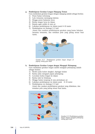 194 Kelas VII SMP/MTs
g.	 Pembelajaran Gerakan Lengan Dipegang Teman
	 Cara melakukan gerakan lengan dengan dipegang adalah sebagai berikut.
1)	 Posisi badan terlentang
2)	 Lalu temanmu memegang kakimu
3)	 Hingga posisi badanmu lurus
4)	 Kedua tangan lurus ke depan
5)	 Kepala agak sedikit di atas air
6)	 Lakukan pembelajaran ini dalam jarak 8–10 meter
7)	 Pembelajaran ini diulangi 2–3 kali.
Amati dan rasakan pembelajaran gerakan yang kamu lakukan 	
bersama temanmu, dan temukan pola yang paling sesuai buat
kamu.
Gambar 8.12 Pembelajaran gerakan lengan dengan di
pegang renang gaya dada
h.	 Pembelajaran Gerakan Lengan dengan Mengepit Pelampung
	 Cara melakukan gerakan lengan sambil mengepit pelampung adalah 		
	 sebagai berikut.
1)	 Berdiri pada kolam dangkal, dipinggir kolam
2)	 Kedua paha mengepit papan pelampung
3)	 Luruskan kedua lengan ke depan
4)	 Kedua kaki ke belakang
5)	 Hingga badan terapung di atas permukaan air
6)	 Lakukan pembelajaran ini dalam jarak 8–10 meter
7)	 Pembelajaran ini diulangi 2–3 kali
	Amati dan rasakan pembelajaran gerakan yang dilakukan, dan 		
	 temukan pola yang paling sesuai buat kamu.
Gambar 8.13 Pembelajaran gerakan
lengan dengan mengepit pelampung
renang gaya dada
 