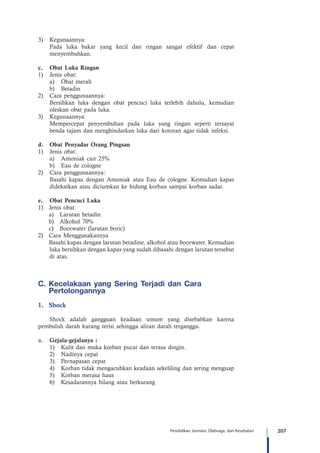 207Pendidikan Jasmani, Olahraga, dan Kesehatan
3)	 Kegunaannya:
Pada luka bakar yang kecil dan ringan sangat efektif dan cepat
menyembuhkan.
c.	 Obat Luka Ringan
1)	 Jenis obat:
a)	 Obat merah
b)	 Betadin
2)	 Cara penggunaannya:
Bersihkan luka dengan obat pencuci luka terlebih dahulu, kemudian
oleskan obat pada luka.
3)	 Kegunaannya:
Mempercepat penyembuhan pada luka yang ringan seperti tersayat
benda tajam dan menghindarkan luka dari kotoran agar tidak infeksi.
d.	 Obat Penyadar Orang Pingsan
1)	 Jenis obat:
a)	 Amoniak cair 25%
b)	 Eau de cologne
2)	 Cara penggunaannya:
Basahi kapas dengan Amoniak atau Eau de cologne. Kemudian kapas
didekatkan atau diciumkan ke hidung korban sampai korban sadar.
e.	 Obat Pencuci Luka
1)	 Jenis obat:
	 a)	 Larutan betadin
	 b)	 Alkohol 70%
	 c)	 Boorwater (larutan boric)
2)	 Cara Menggunakannya
	 Basahi kapas dengan larutan betadine, alkohol atau boorwater. Kemudian
luka bersihkan dengan kapas yang sudah dibasahi dengan larutan tersebut
di atas.
C.	Kecelakaan yang Sering Terjadi dan Cara
Pertolongannya
1.	Shock
Shock adalah gangguan keadaan umum yang disebabkan karena
pembuluh darah kurang terisi sehingga aliran darah terganggu.
a.	 Gejala-gejalanya :
1)	 Kulit dan muka korban pucat dan terasa dingin.
2)	 Nadinya cepat
3)	 Pernapasan cepat
4)	 Korban tidak mengacuhkan keadaan sekeliling dan sering menguap
5)	 Korban merasa haus
6)	 Kesadarannya hilang atau berkurang
 
